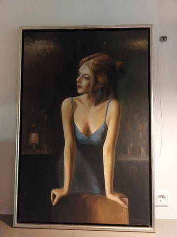 Stijlvol schilderij “Vrouw in blauwe jurk” – 65x95 cm beschikbaar voor biedingen