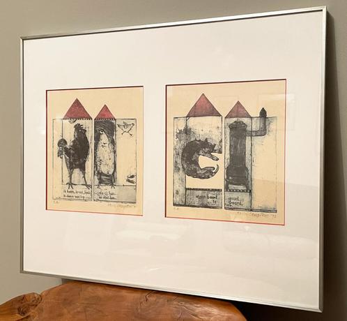 Etsen van Karin Campfens Ik Haan & Eigen Haard is Goud Waard, Antiek en Kunst, Kunst | Etsen en Gravures, Ophalen of Verzenden