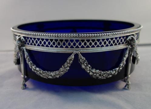 Zilveren Jardinière met Blauw Glazen Binnenbak, Antiek en Kunst, Antiek | Goud en Zilver, Ophalen of Verzenden
