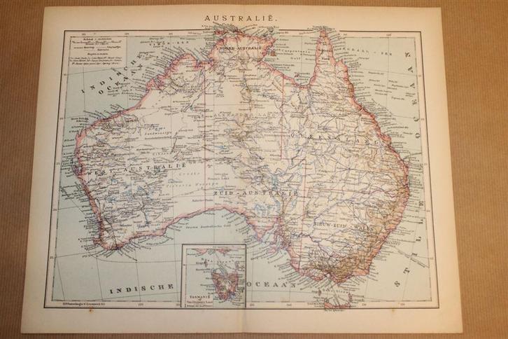 Antieke kaart - Australië - Circa 1900, Boeken, Atlassen en Landkaarten, Zo goed als nieuw, Landkaart, Nederland, 1800 tot 2000