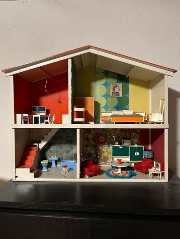 Vintage Poppenhuis Jaren 60/70 Ingericht Met Meubels Retro L beschikbaar voor biedingen