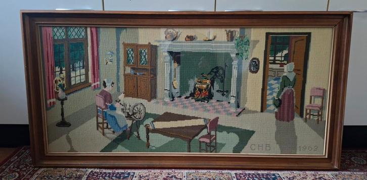 Geborduurde afbeeldingen - Schouw en draaimolen, Antiek en Kunst, Antiek | Kleden en Textiel, Ophalen