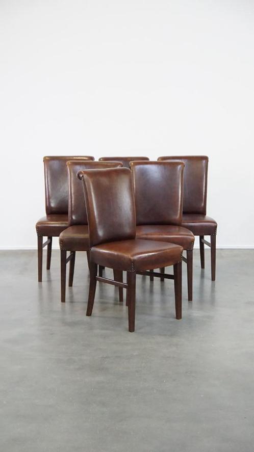 6 x Stijlvolle donkerbruine schapenleren eetkamerstoel, Huis en Inrichting, Stoelen, Gebruikt, Vijf, Zes of meer stoelen, Leer