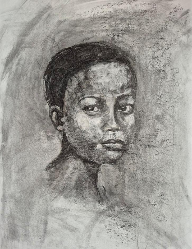 Houtskooltekening Jonge Jongen - 50x60cm, Antiek en Kunst, Kunst | Tekeningen en Foto's, Ophalen of Verzenden