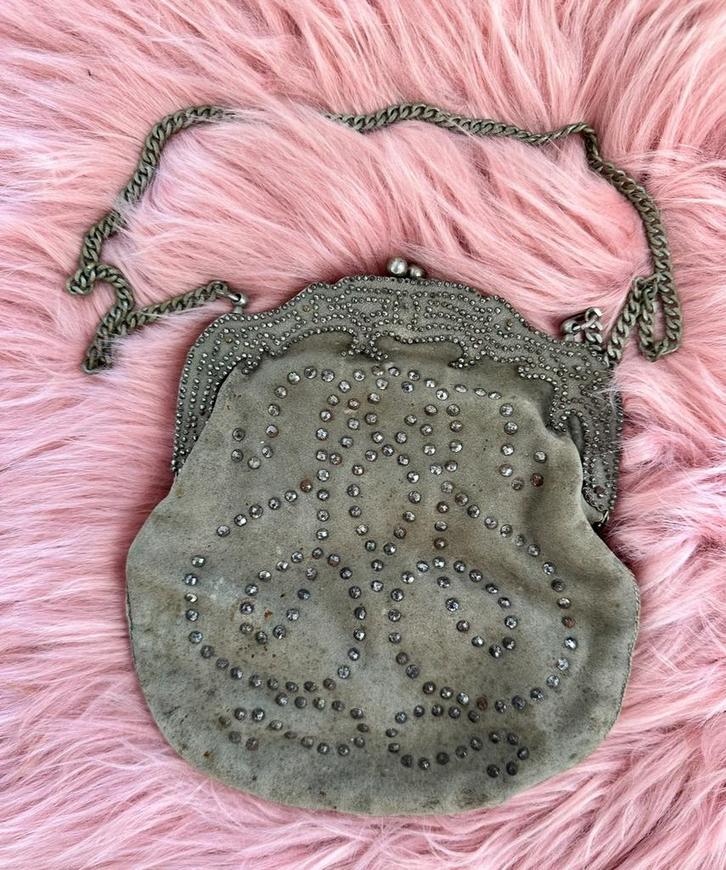 Antieke Art Deco Avondtasje met Strass, Sieraden, Tassen en Uiterlijk, Tassen | Damestassen, Gebruikt, Avondtasje, Grijs, Ophalen of Verzenden