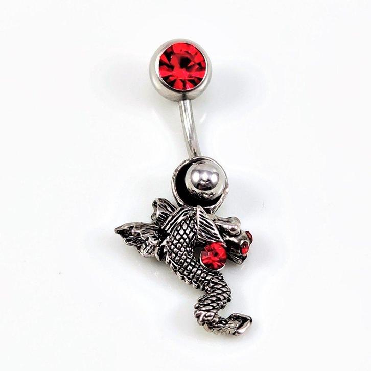 Stalen Draak Navel Piercing met Rode Zirkonen - RVS, Sieraden, Tassen en Uiterlijk, Piercings, Nieuw, Navelpiercing, Staal, Met strass