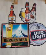 4 metalen reclameborden bier, Verzamelen, Biermerken, Ophalen, Zo goed als nieuw, Reclamebord, Plaat of Schild, Overige merken