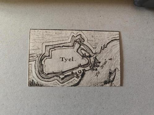 Zeldzame mini gravure vesting Tiel - authentiek 340 jr oud!, Antiek en Kunst, Kunst | Etsen en Gravures, Ophalen of Verzenden