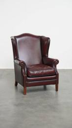 Mooie bordeauxrode rundleren oorfauteuil in Engelse stijl, Huis en Inrichting, Fauteuils, Ophalen, Klassiek, Engels, Gebruikt