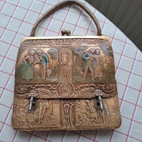 DAMES ANTIEK  LEREN AVONDTASJE MET ROMANTISCHE AFBEELDINGEN, Antiek en Kunst, Curiosa en Brocante, Ophalen of Verzenden