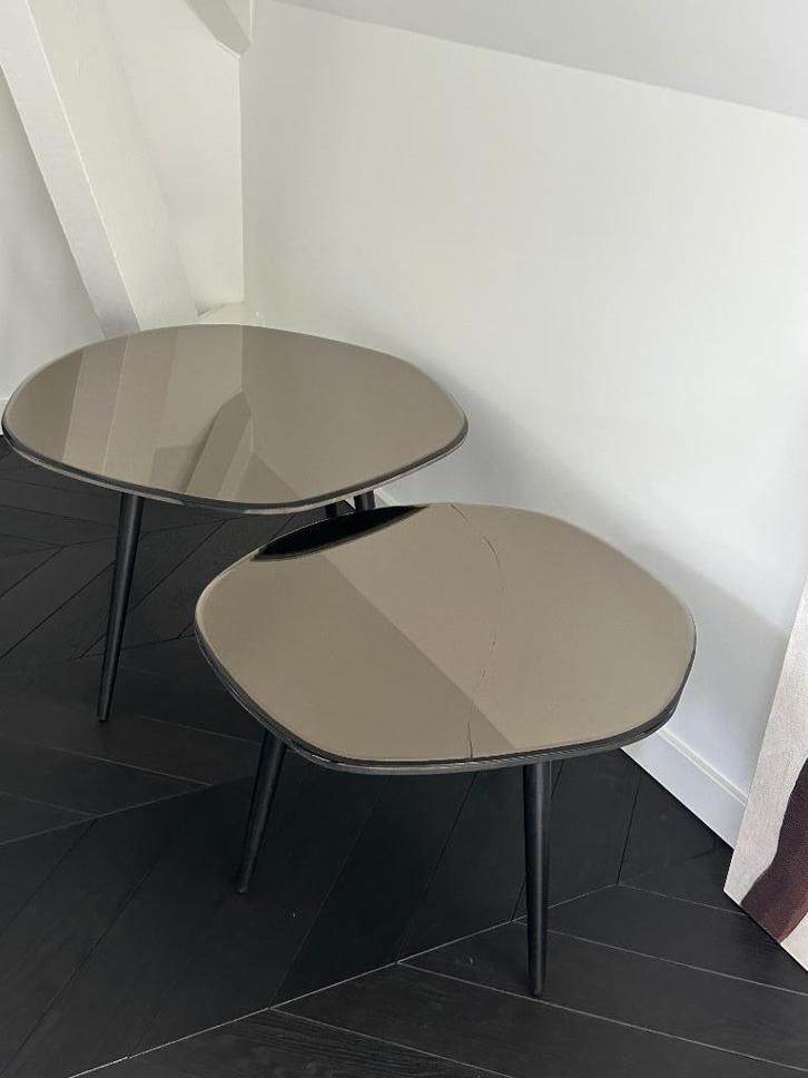 Tafels met spiegelglas in bruine/bronzen kleur, Huis en Inrichting, Tafels | Bijzettafels, Gebruikt, Overige vormen, 45 tot 60 cm