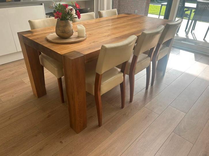 6x eetkamerstoel notenhout/leer, Huis en Inrichting, Stoelen, Zo goed als nieuw, Vijf, Zes of meer stoelen, Leer, Bruin, Ophalen