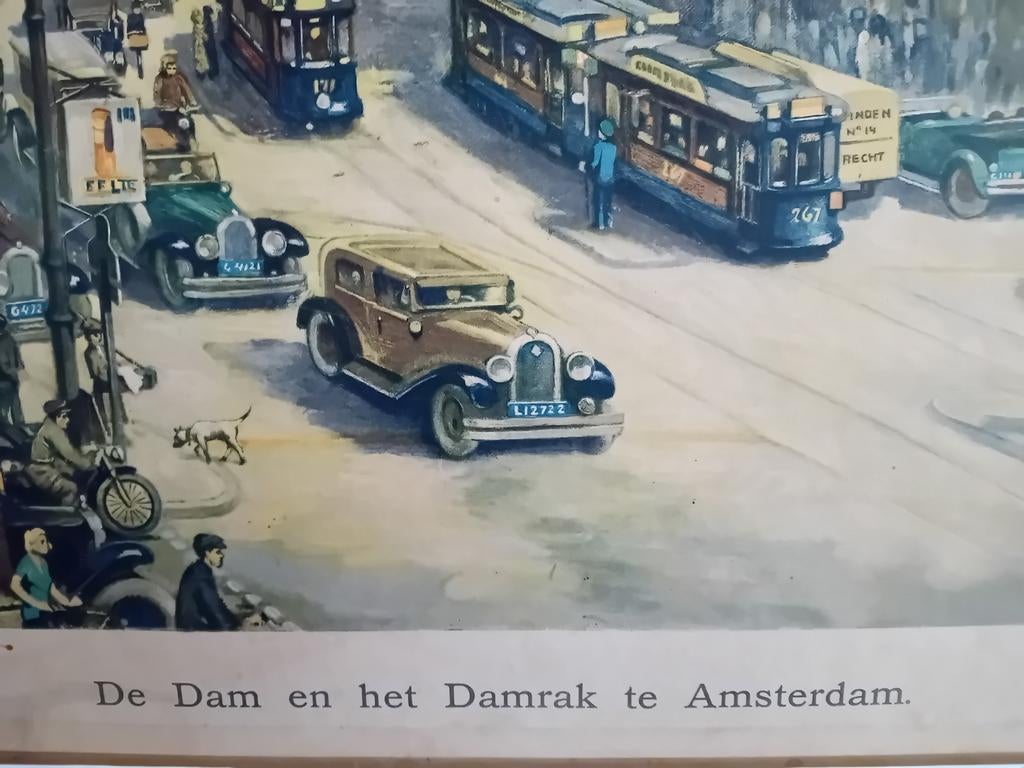 Oude schoolplaat  De Dam en het Damrak te Amsterdam., Antiek en Kunst, Ophalen, Geschiedenis