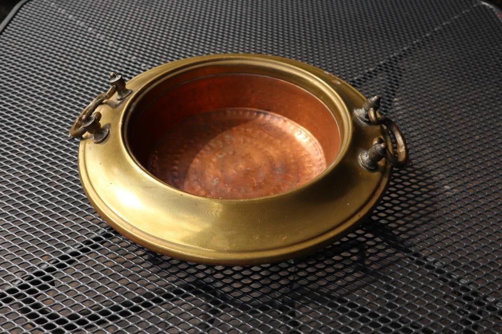 koperen ronde kastanje pof schaal koper handvaten rond, Ophalen, Koper