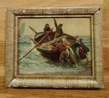 Klein oud schilderijtje boot roeiende vissers roeiers  beschikbaar voor biedingen