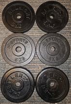 6x 5kg zwarte gietijzeren 30mm halterschijven, Sport en Fitness, Fitnessmaterialen, Ophalen, Gebruikt, Benen, Halterschijven