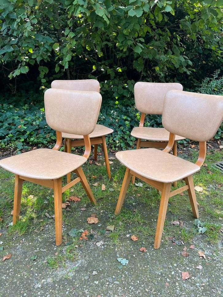 4 eetkamerstoelen (vintage/skai/jaren60), Huis en Inrichting, Stoelen, Gebruikt, Leer, Overige kleuren, Ophalen