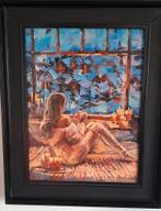 Sexy young lady staring at frozen window. Sign. 40/50 cm., Ophalen