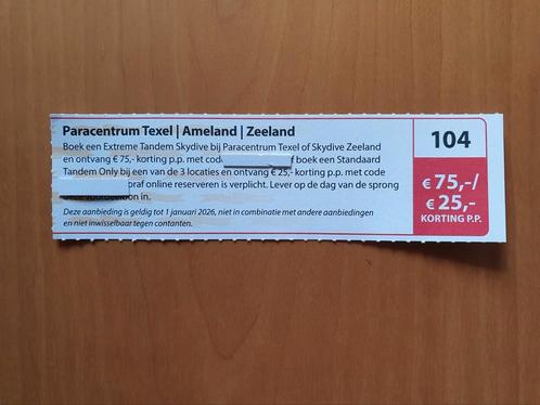 Paracentrum Texel - Ameland - Zeeland €75,- / €25,- korting, Tickets en Kaartjes, Kortingen en Cadeaubonnen, Drie personen of meer