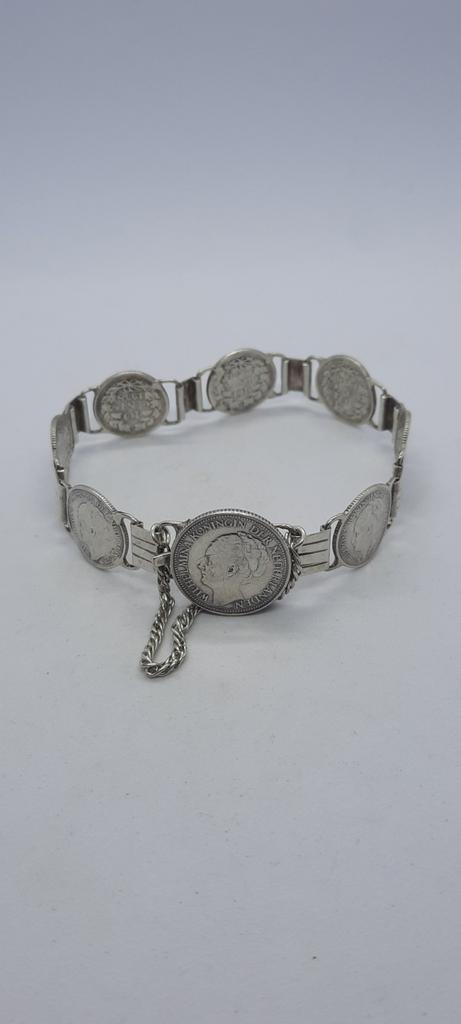 Zilveren armband met Wilhelmina dubbeltjes en kwartjes, Sieraden, Tassen en Uiterlijk, Armbanden, Zo goed als nieuw, Zilver, Zilver