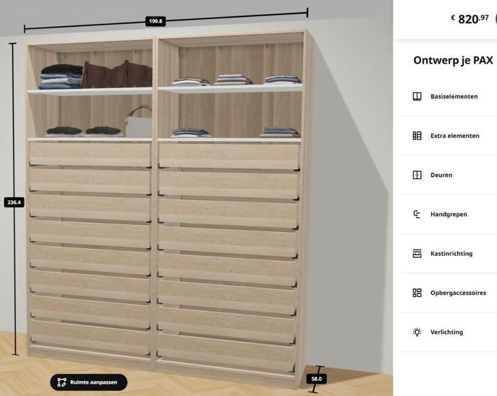 IKEA PAX kledingkast 200x58x236cm, Bezorg-/montageoptie, Huis en Inrichting, Kasten | Kledingkasten, Gebruikt, 200 cm of meer