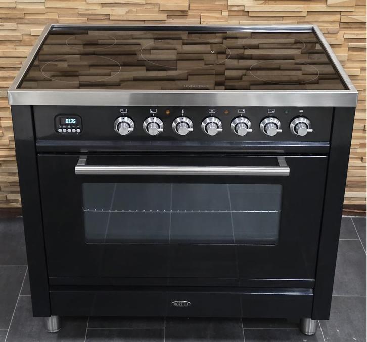 Luxe Fornuis Boretti 90cm INDUCTIE zwart 5 zones 1 oven, Witgoed en Apparatuur, Fornuizen, Zo goed als nieuw, Vrijstaand, Inductie
