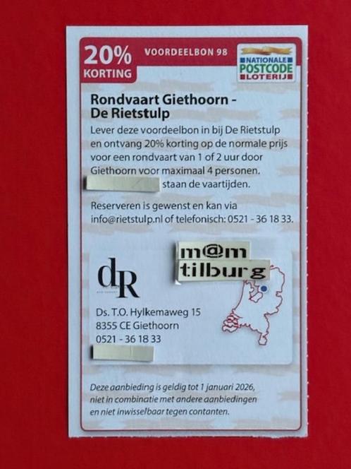 Voordeelbon 98 Rondvaart Giethoorn De Rietstulp 20% korting., Tickets en Kaartjes, Kortingen en Cadeaubonnen, Drie personen of meer