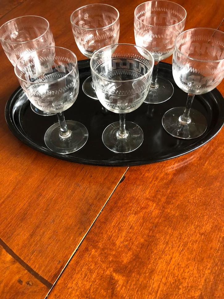 6 Antieke wijnglazen  Meander slijping.  Gaaf!, Verzamelen, Glas en Borrelglaasjes, Nieuw, Overige typen, Ophalen of Verzenden