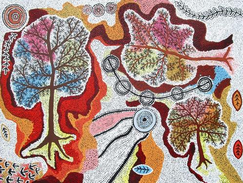 Een prachtig handgeschilderd kleurrijk schilderij met bomen, Antiek en Kunst, Kunst | Schilderijen | Modern, Ophalen of Verzenden