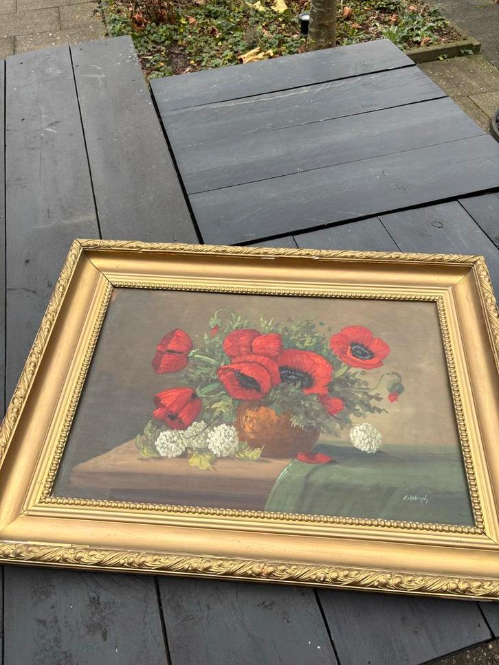 Olieverfschilderij van H. Hubregt levendige klaprozen, Antiek en Kunst, Kunst | Litho's en Zeefdrukken, Ophalen