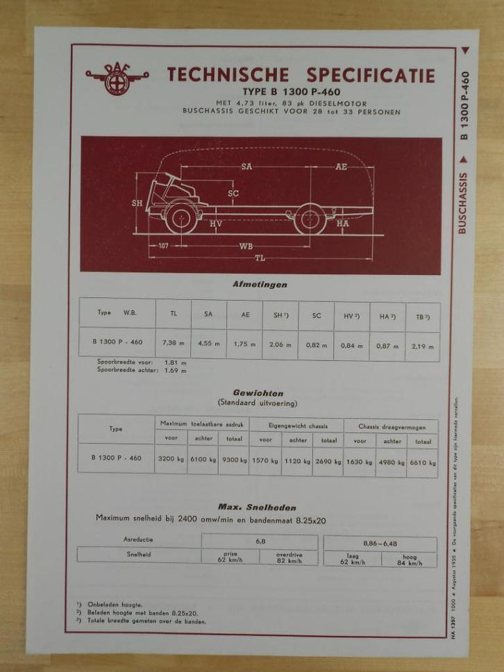 DAF B 1300 P Technische Specificatie folder 1955 B1300 Bus, Boeken, Auto's | Folders en Tijdschriften, Zo goed als nieuw, Overige merken