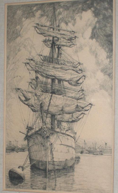 Grote ets driemaster J.B.A. Lohmann vaste prijs 40 euro, Antiek en Kunst, Kunst | Etsen en Gravures, Ophalen of Verzenden