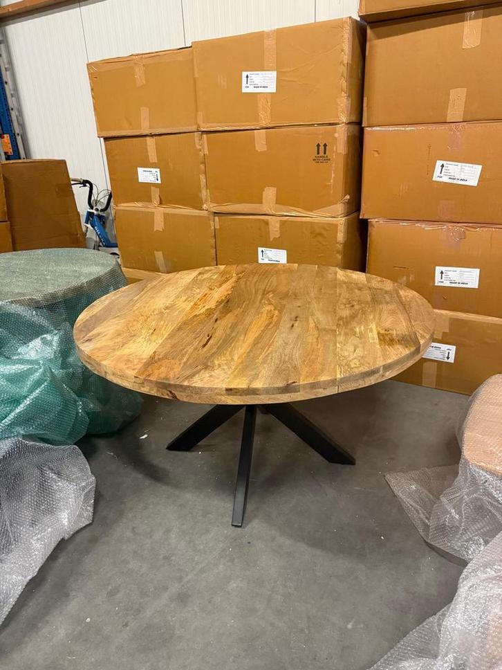 Nieuwe mango houten eettafel 160 cm doorsnee, Huis en Inrichting, Tafels | Eettafels, Nieuw, 150 tot 200 cm, Rond, Ophalen