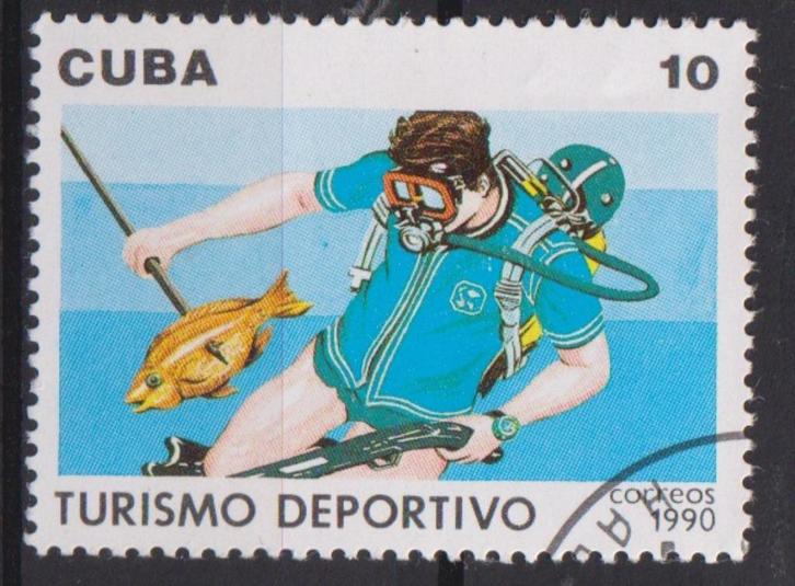 Cuba 1990 Speervissen snorkelen, Postzegels en Munten, Postzegels | Thematische zegels, Gestempeld, Dier of Natuur, Ophalen of Verzenden