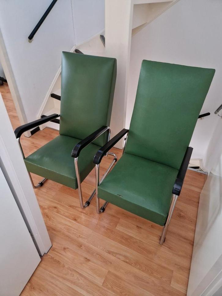 set retro fauteuils chroom buismeubelen, Huis en Inrichting, Fauteuils, Gebruikt, Hout, Leer, 50 tot 75 cm, Ophalen