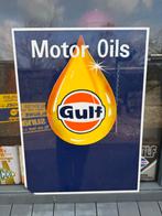 Vintage Gulf Motor Oils Reclamebord - Emaille Look, Gebruikt, ., Lichtbak of (neon) lamp, Ophalen of Verzenden