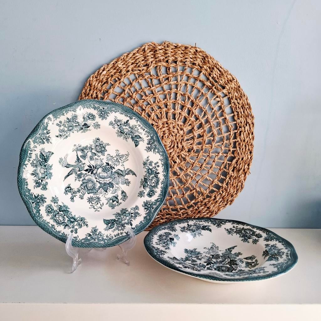 Enoch Wedgwood 'Asiatic Pheasants', 2 diepe borden in petrol, Antiek en Kunst, Antiek | Porselein, Ophalen of Verzenden