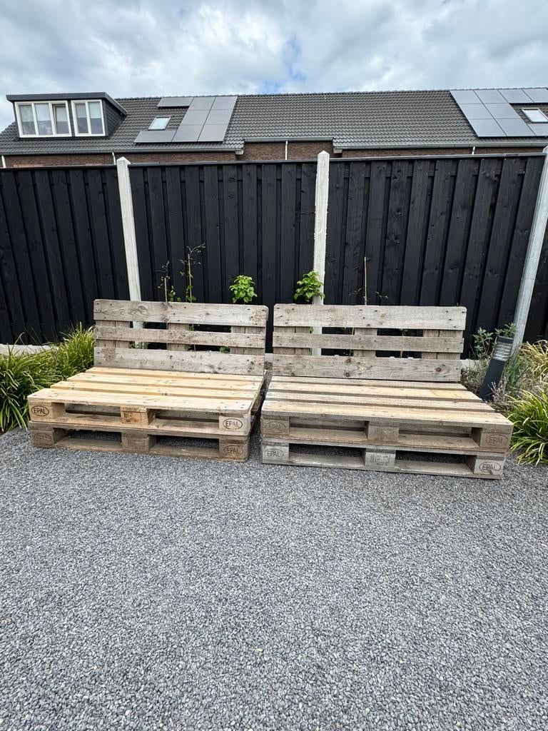 Palletloungebanken 2x, Tuin en Terras, Ophalen, Gebruikt, Hout
