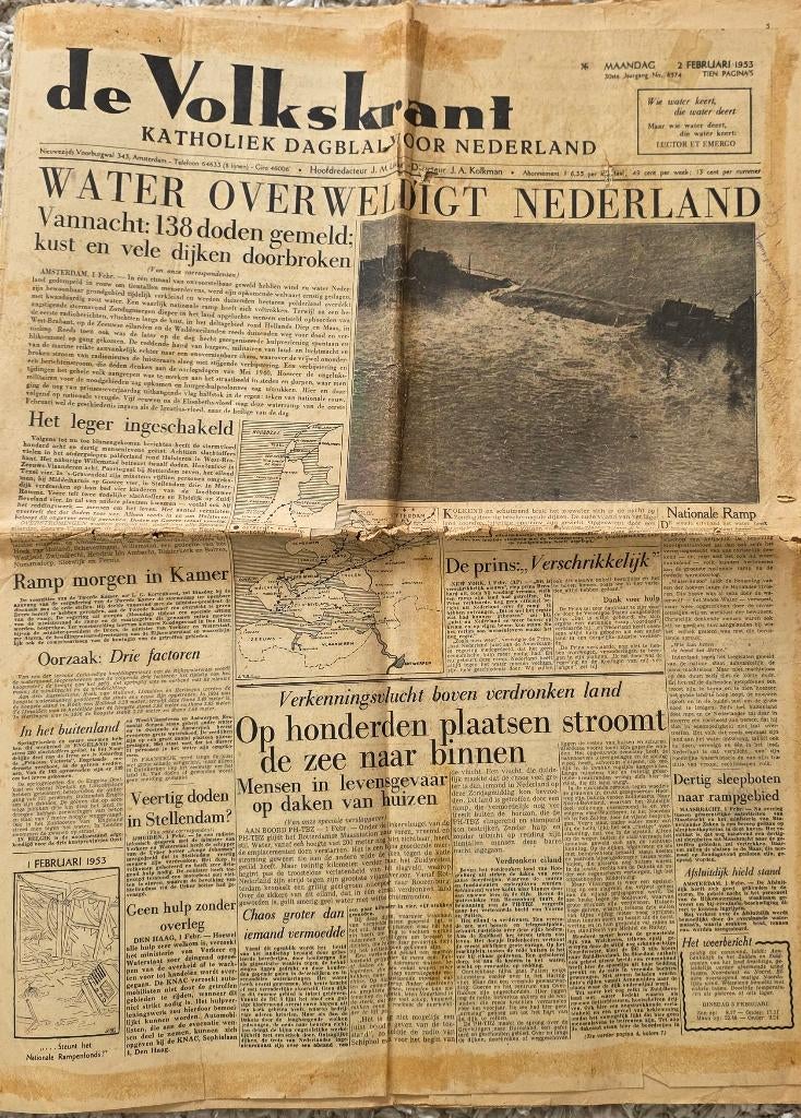 Oude Volkskrant 2 februari 1953 Watersnoodsramp, Verzamelen, Tijdschriften, Kranten en Knipsels, Ophalen, 1940 tot 1960, Krant