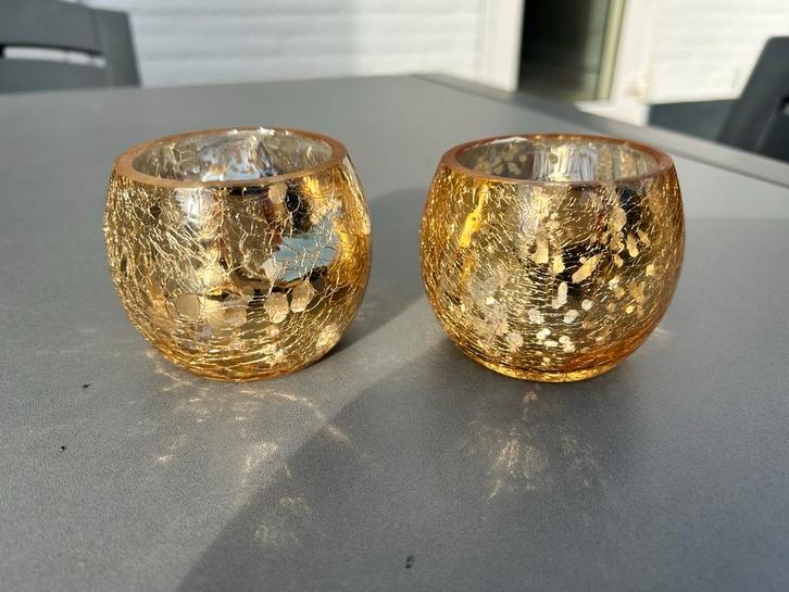 Votief kandelaars goud/geel glas, Huis en Inrichting, Woonaccessoires | Kandelaars en Kaarsen, Zo goed als nieuw, Kandelaar, Minder dan 25 cm