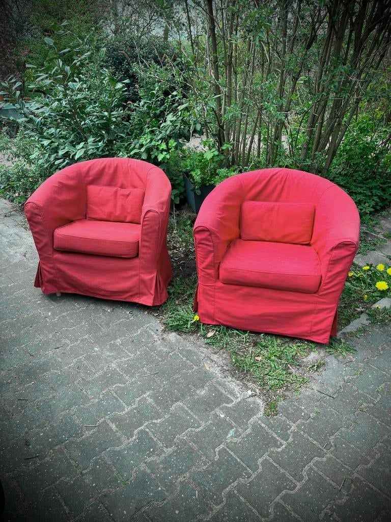 Twee rode Ikea fauteuils met afneembare hoes, Ophalen, Gebruikt, Stof, 75 tot 100 cm