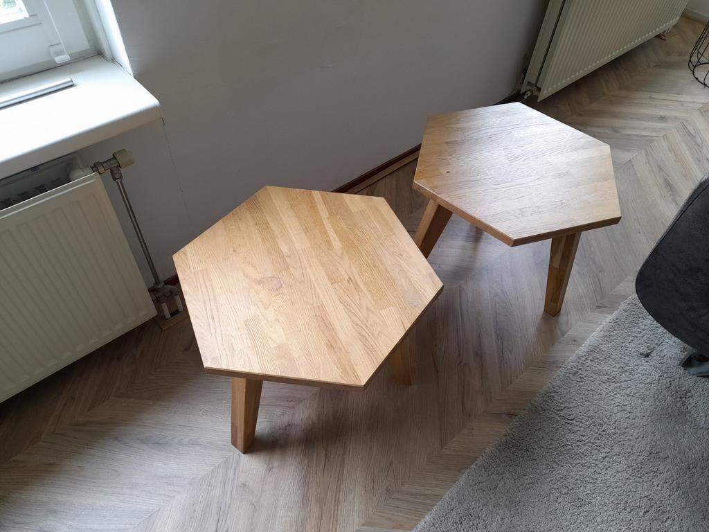 Set van 2 eikenhouten bijzettafeltjes, Huis en Inrichting, Tafels | Bijzettafels, Ophalen, Minder dan 45 cm, Minder dan 55 cm