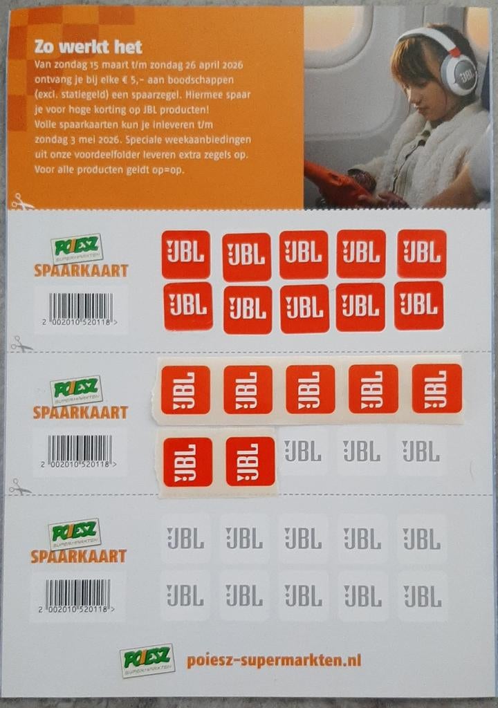 🎧 17 Poiesz JBL zegels,hoge korting op JBL producten.Per 10, Verzamelen, Supermarktacties, Overige supermarkten, Ophalen of Verzenden