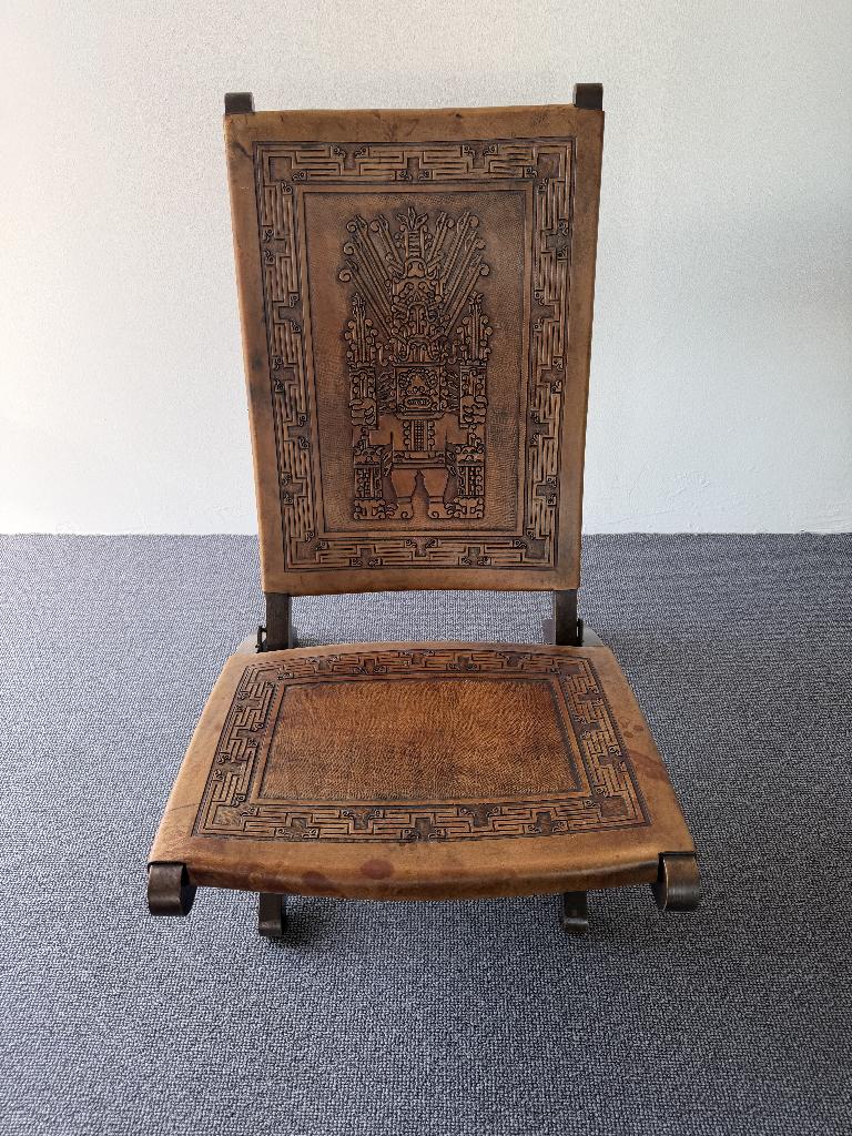 Vintage Aztec Maya lounge stoel leer hout design, Ophalen, Vintage klapstoel jaren 60/70., Gebruikt, .