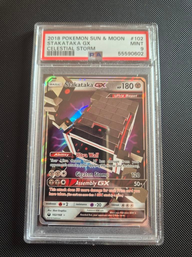 ‼️Pokémon Stakataka GX PSA 9 - Celestial Storm 102/168‼️, Ophalen of Verzenden, Zo goed als nieuw, Losse kaart, Foil