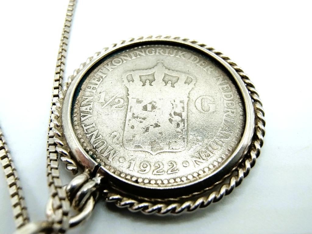 Zilveren gourmetketting met halve gulden hanger, 39 cm, Verzenden, Koningin Wilhelmina, ½ gulden, Zilver