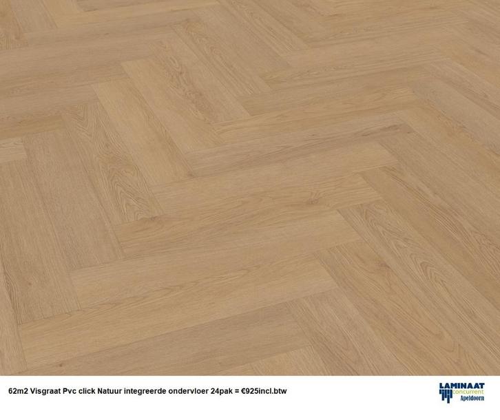 62m2 Visgraat Pvc click Natuur integreerde ondervloer=€925, Huis en Inrichting, Stoffering | Vloerbedekking, Nieuw, Laminaat, Bruin