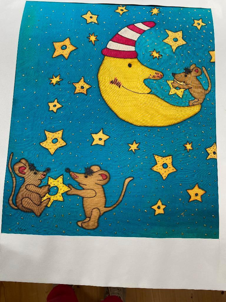 batikwerkstuk maan en muis, Ophalen of Verzenden, Zo goed als nieuw