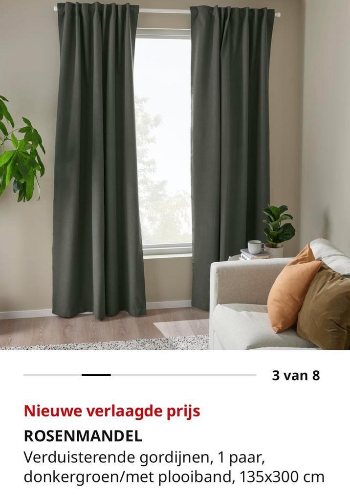 IKEA Rosenmandel verduisterend gordijn donkergroen, Huis en Inrichting, Stoffering | Gordijnen en Lamellen, Nieuw, 200 cm of meer