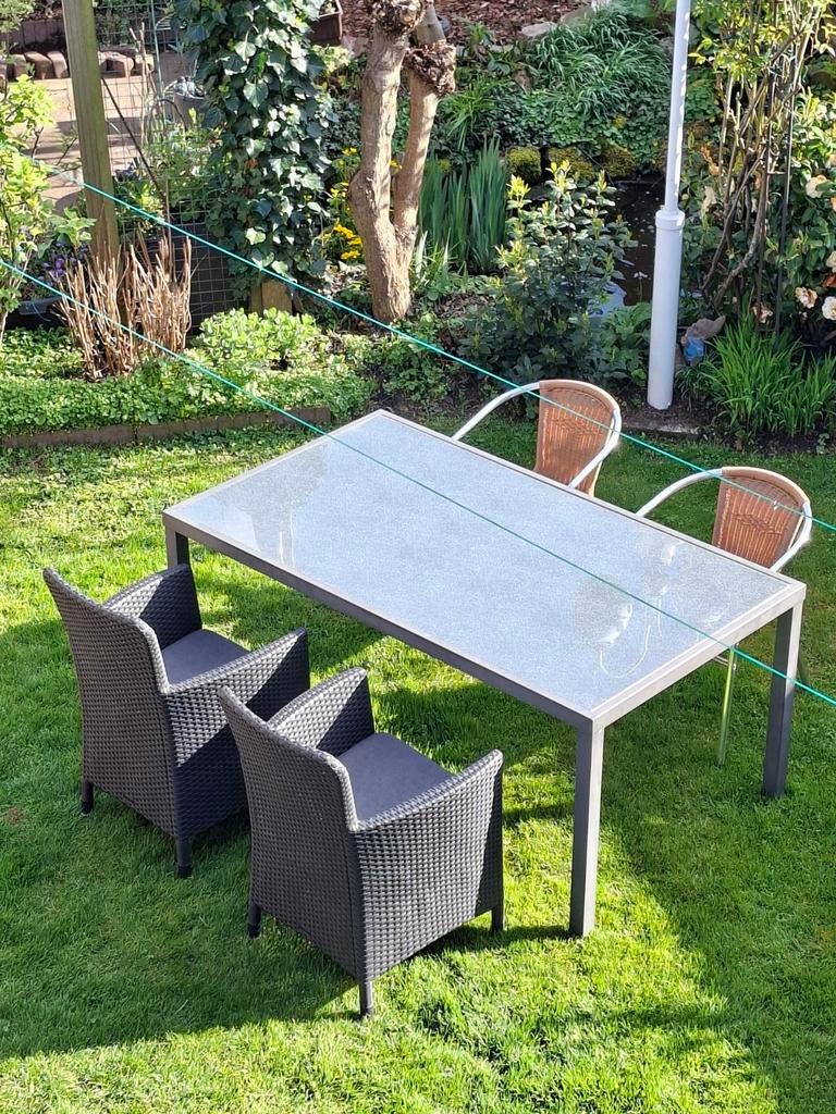 Aluminium tuintafel met gehard glas,, Tuin en Terras, Ophalen, Gebruikt, Rechthoekig, Aluminium